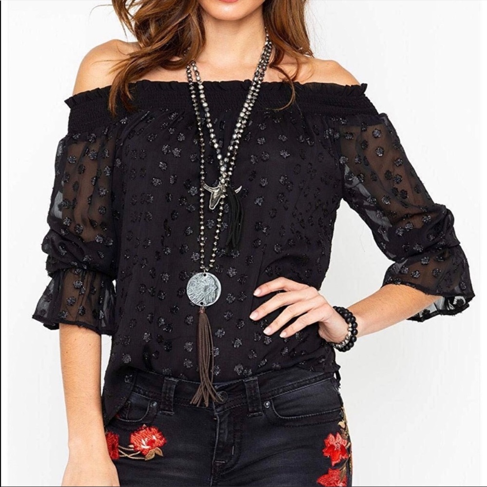 Miss Me Off The Shoulder Black Polka Dot Top Sz L